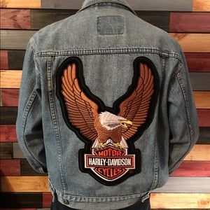 Men’s denim jacket with large Harley patch.